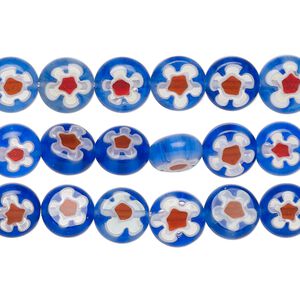 Bead mix, millefiori glass, translucent blue / red / white, 8-9mm puffed flat round with flower design. Sold per pkg of (3) 14-inch strands, approximately 150 beads.