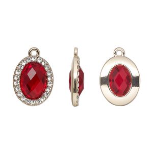 Drop, glass / glass rhinestone / gold-finished "pewter" (zinc-based alloy), clear and transparent ruby red, 19x15.5mm single-sided oval. Sold per pkg of 2.