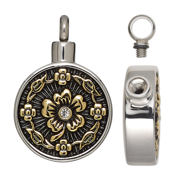 Pendant, gold-finished stainless steel / glass / silicone / enamel, black and clear, 36x24mm round with flower design and watertight chamber. Sold individually. image number 0