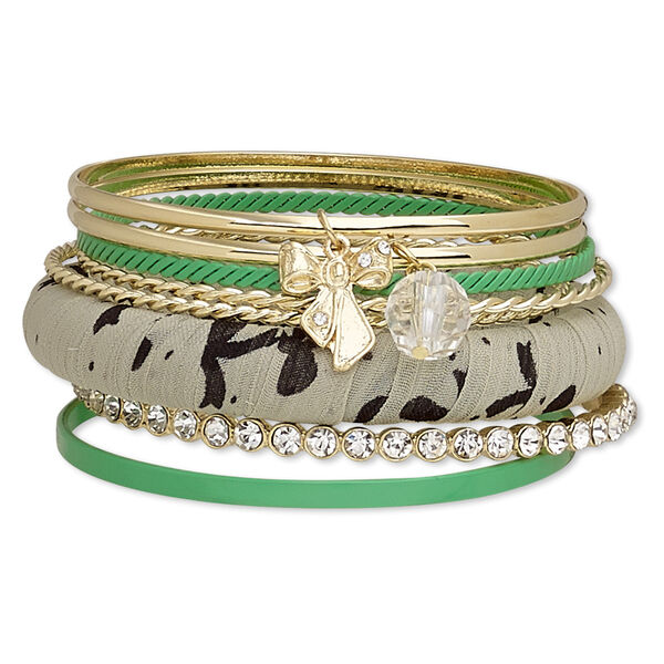 Bracelet, bangle, enamel / acrylic / fabric / wood / glass rhinestone / gold-finished steel / "pewter" (zinc-based alloy), multicolored, 3-13mm wide, 8 inches. Sold per 8-piece set. image number 0