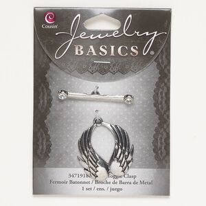 Clasp toggle 1pkg1 "pewter" (zinc alloy), 29x28mm wings, antique silver-finished / clear 1-strand