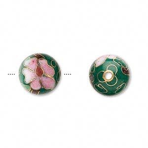 Bead, cloisonn&eacute;, enamel and gold-finished copper, multicolored, 12mm round with flower design. Sold per pkg of 10.