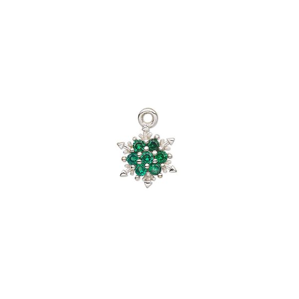 Charm, silver-plated brass and cubic zirconia, green, 8mm snowflake. Sold individually. image number 0