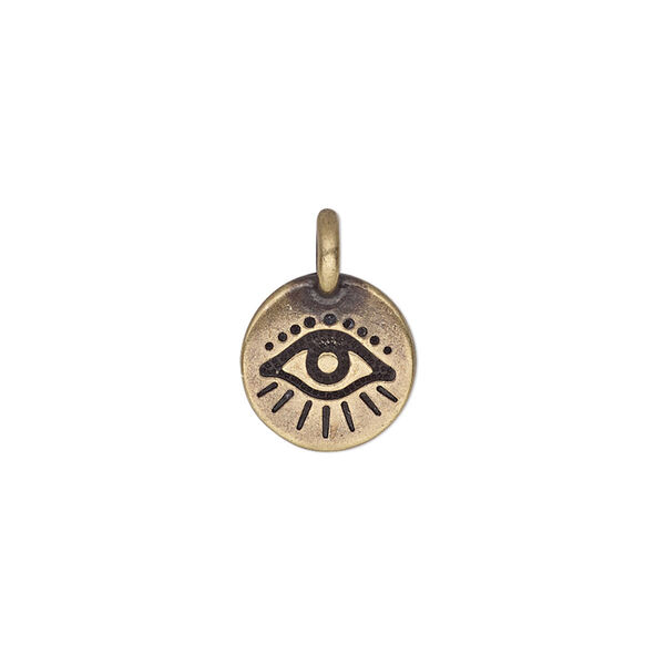 Charm, TierraCast®, antique bass-plated pewter (tin-based alloy), 12mm single-sided round with evil eye. Sold per pkg of 20. image number 0