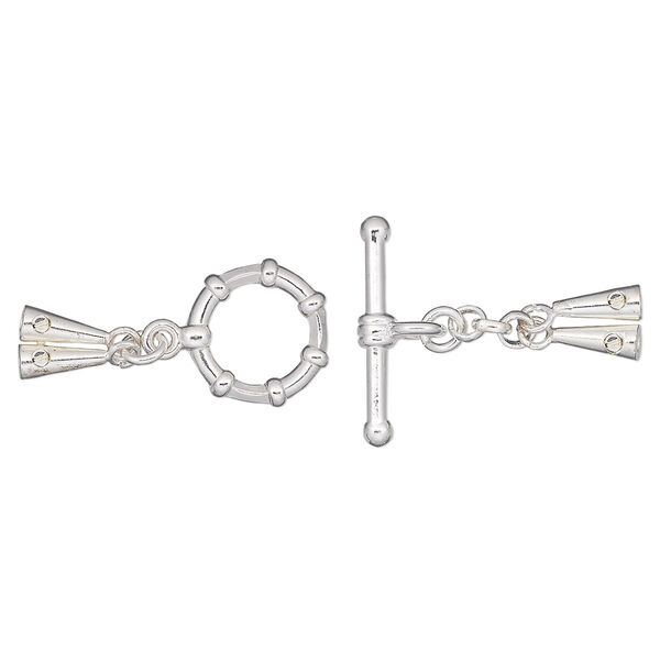 Clasp, 2-strand toggle, Screw-Tite Crimps™, silver-plated brass, 43x12mm with smooth cone crimp ends, for wire up to 0.024 inches. Sold individually. image number 0
