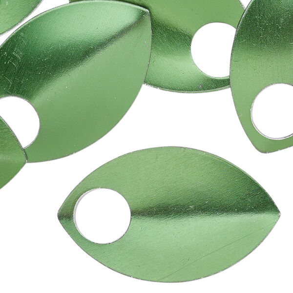 Component, anodized aluminum, dark green, 36x22mm 2-sided curved scale blank with 8mm hole, 20 gauge. Sold per pkg of 20. image number 0
