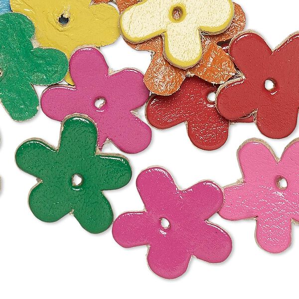 Component, leather (dyed), assorted colors, 17x16mm flower. Sold per pkg of 16. image number 0