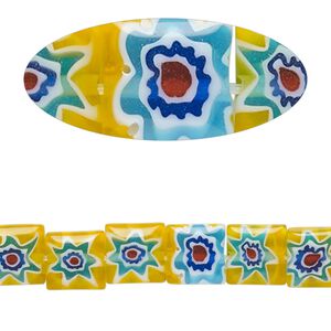 Bead, millefiori glass, translucent yellow and multicolored, 7mm-9x8mm puffed square with sunburst and flower design. Sold per 14-inch strand.