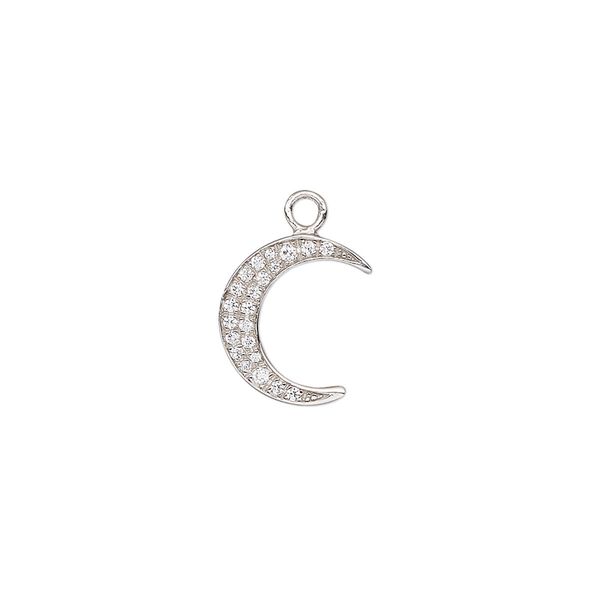 Charm, cubic zirconia and rhodium-plated sterling silver, clear, 12.5x10mm moon. Sold individually. image number 0