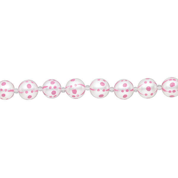 Bead, glass 1pkg8, opaque pink and white, 16mm hand-painted round. image number 1