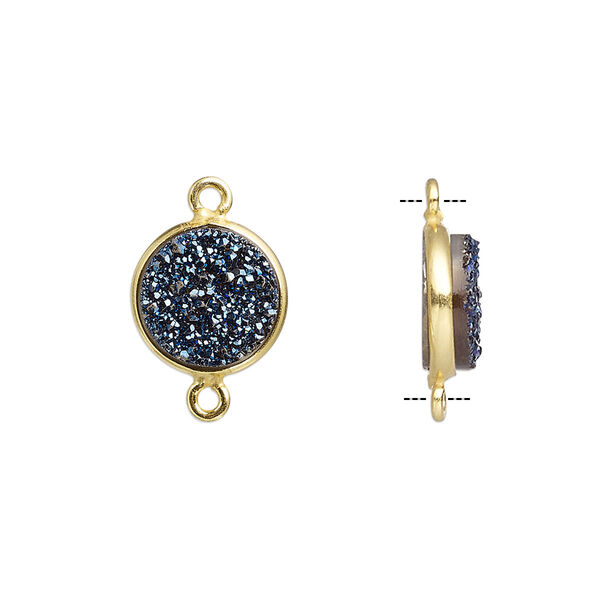 Link, titanium- / electro-coated druzy agate (coated) / gold-finished sterling silver, cobalt, 11mm hand-cut single-sided flat round. Sold individually. image number 0