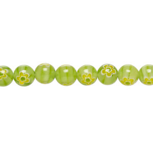 Bead, millefiori glass 1pkg1, translucent yellow-green, / yellow / white, 6mm round, 15 inches.