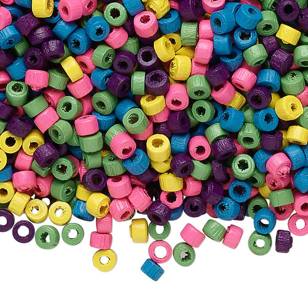 Bead mix, wood, mixed bright colors, 3x2mm heishi. Sold per 90-gram pkg, approximately 9,000 beads. image number 0