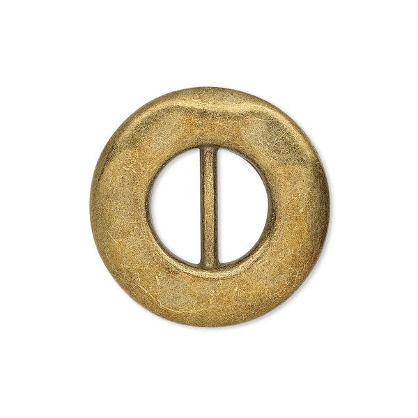 Slide, antiqued brass-finished "pewter" (zinc-based alloy), 26mm single-sided dented round, 11x5mm hole. Sold per pkg of 4. image number 0