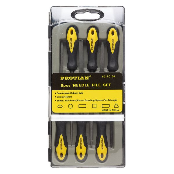 Needle files, Protian®, tempered high carbon steel and PVC plastic, black and yellow, 6 inches with 1-5mm wide tip and 8x3-1/2 inch case. Sold per 6-piece set. image number 0