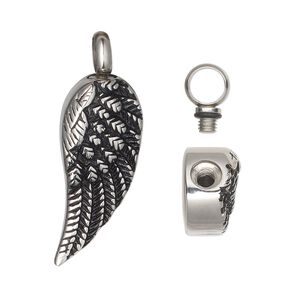 Pendant, antiqued stainless steel and silicone, black, 34x12mm single-sided wing with watertight chamber. Sold individually.