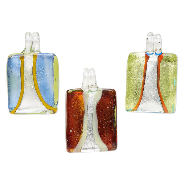Random focal mix, lampworked glass, translucent mixed colors, 27x23mm-31x28mm rectangle with silver-colored foil. Sold per pkg of 3. image number 0