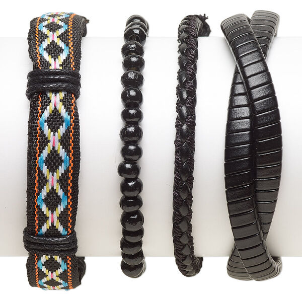 Bracelet mix, Everyday Jewelry, leather (dyed) / faux leather (dyed) / glass / waxed cotton cord, multicolored, 5-14mm wide, 7-8 inches. Sold per pkg of 4. image number 0