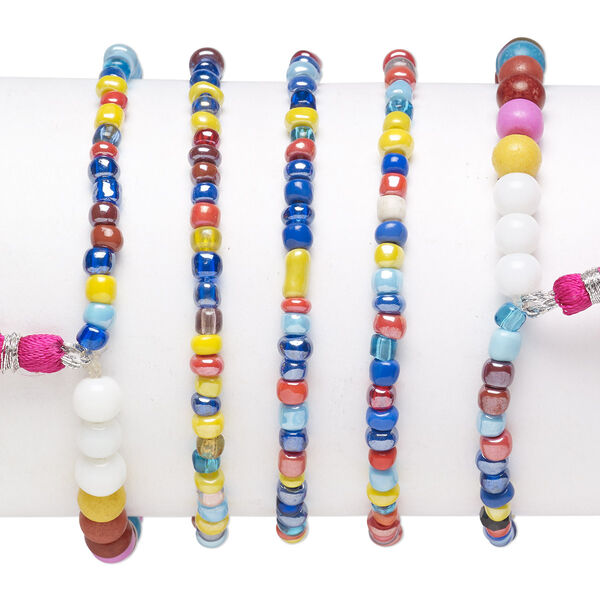Bracelet mix, stretch, glass, multicolored, #6 round with 45mm tassel, 7-1/2 inches. Sold per pkg of 5. image number 0