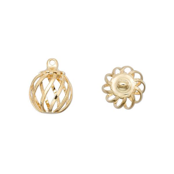 Drop, gold-plated steel and brass, 11mm swirled round bead cage. Sold per pkg of 100. image number 0