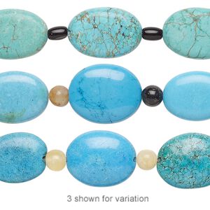 Bead mix, "turquoise" (imitation) resin / multi-gemstone (natural) / glass, blue-green / black / blue, 6mm round / 6x4mm barrel / 18x15mm-22x17mm puffed oval. Sold per pkg of 7.