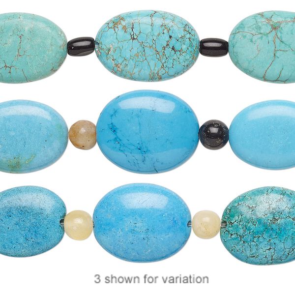 Bead mix, "turquoise" (imitation) resin / multi-gemstone (natural) / glass, blue-green / black / blue, 6mm round / 6x4mm barrel / 18x15mm-22x17mm puffed oval. Sold per pkg of 7. image number 0