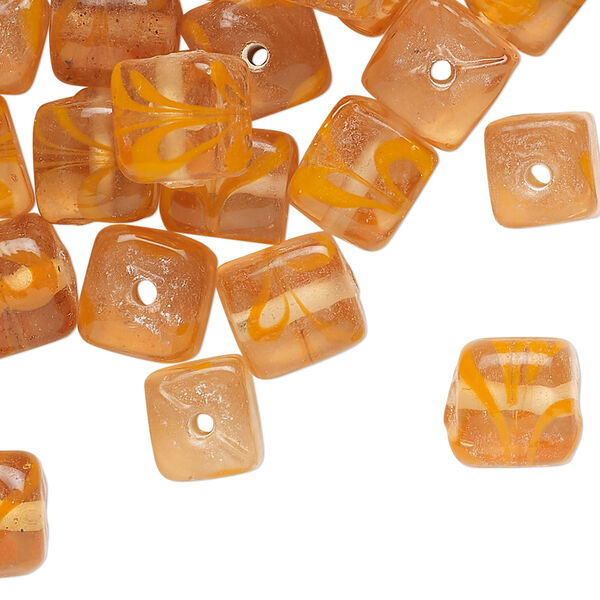 Bead, glass, translucent orange and clear, 9mm cube with swirl design. Sold per pkg of 50. image number 0
