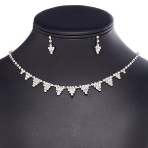 Necklace and earring set, glass rhinestone / plastic / imitation rhodium-plated brass / steel, clear, cupchain and triangle, 15" to 16" necklace with 3-inch extender chain and lobster claw clasp, 20mm earrings with post. Sold per set.