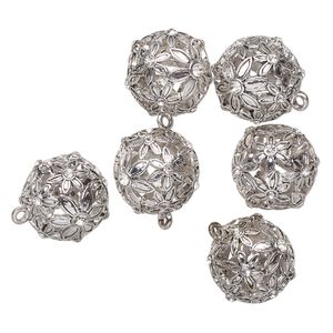 Drop, antique silver-finished "pewter" (zinc-based alloy) and glass, clear, 22mm round with flower design. Sold per pkg of 6.