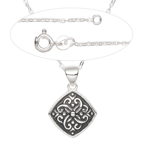 Necklace, Create Compliments®, sterling silver and enamel, black, 15.5mm diamond with dot and swirl design, adjustable at 18 and 20 inches with springring clasp. Sold individually. image number 0