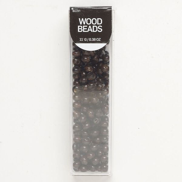 Bead, wood (dyed), pkg/11g, dark brown, 5x4mm rondelle. image number 0