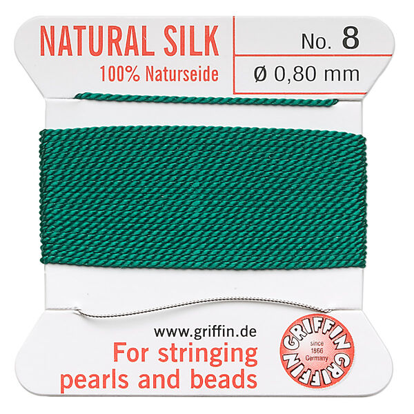 Thread, Griffin, silk, green, size #8. Sold per 2-meter card (approximately 78 inches). image number 0