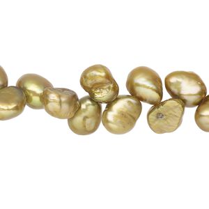 Pearl 1pkg1, cultured freshwater, flat-sided herringbone-drilled rice C grade, 15 inch 8x6mm-12x8mm dyed golden olive