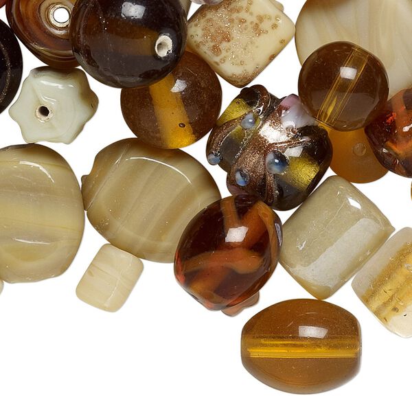 Bead mix, lampworked glass, brown and gold with fancy finish, 7x4mm-14x11mm mixed shapes. Sold per pkg of 100-grams, approximately 60-100 beads. image number 0