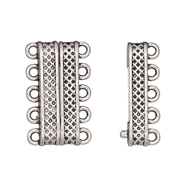 Clasp, 5-strand magnetic, antique silver-finished "pewter" (zinc-based alloy), 24.5x9mm rectangle with textured design. Sold individually. image number 0