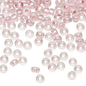 Seed bead, Miyuki, glass, pkg/250g, #6 rocaille, translucent pink-lined pearlized crystal clear, (RR-4607).