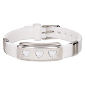 Bracelet, Softique™, silicone and stainless steel, white, 16mm wide with 39x16mm rectangle and cutout hearts, adjustable from 5-1/2 to 7-1/2 inches with buckle-style closure. Sold individually.