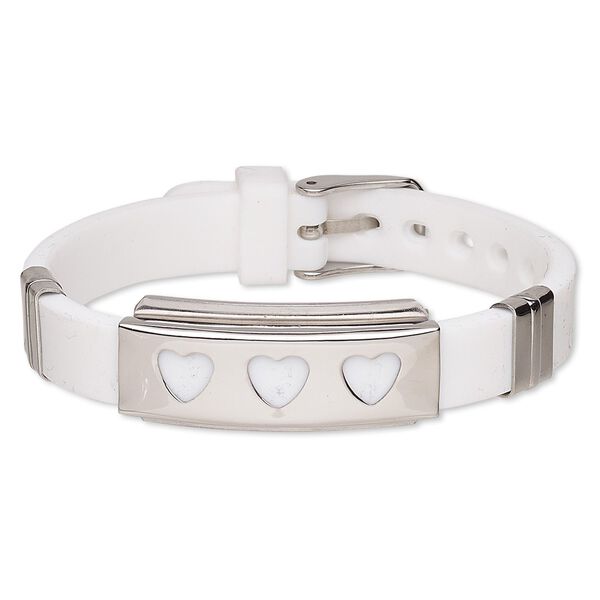 Bracelet, Softique™, silicone and stainless steel, white, 16mm wide with 39x16mm rectangle and cutout hearts, adjustable from 5-1/2 to 7-1/2 inches with buckle-style closure. Sold individually. image number 0
