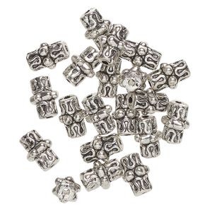 Bead, "pewter" (zinc-based alloy), pkg/20, 10x6mm-10x7mm textured round tube, antique silver finish.