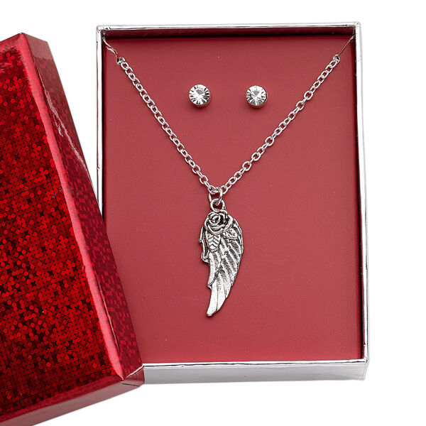 Necklace and earring set, glass rhinestone / silver-finished brass / steel / antique silver-finished "pewter" (zinc-based alloy), clear, 25.5x10.5mm wing with rose, 15" to 16" necklace with 3-inch extender chain and lobster claw clasp, 5mm round with post. Sold per set. image number 0