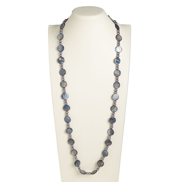 Necklace, glass pearl and mother-of-pearl shell (dyed), blue-grey and grey, 20mm flat round and 8mm round, 44-inch continuous loop. Sold individually. image number 0