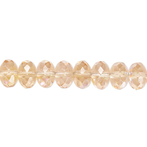 Bead, Czech fire-polished glass, transparent light rose AB, 9x5mm faceted rondelle. Sold per 15-1/2" to 16" strand. image number 0