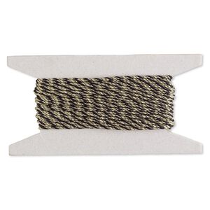 Cord, nylon, black and metallic gold, 2mm round. Sold per 25-foot card.