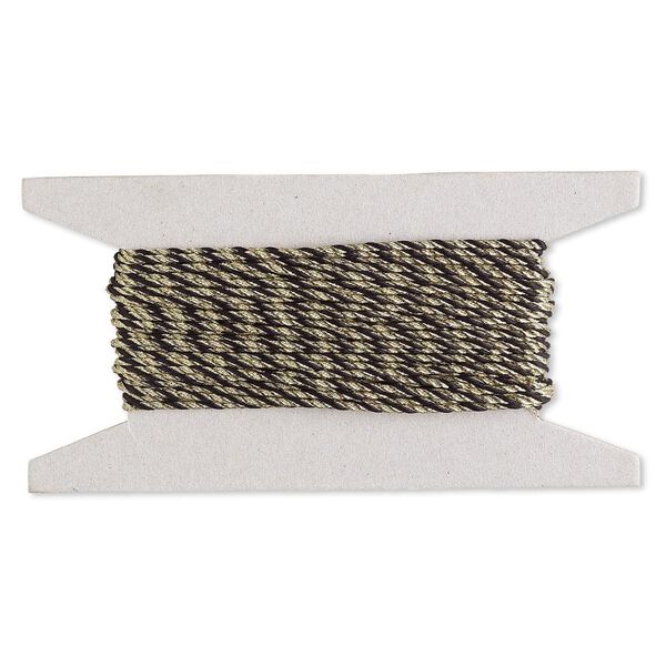 Cord, nylon, black and metallic gold, 2mm round. Sold per 25-foot card. image number 0