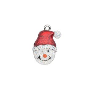 Charm, silver-plated "pewter" (zinc-based alloy) and enamel, white / red / orange, 17x14mm single-sided snowman head with Santa hat and carrot nose. Sold individually.