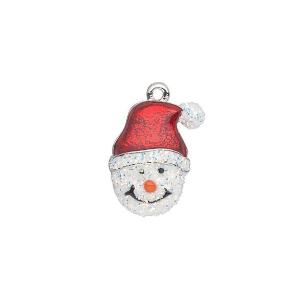 Charm, silver-plated "pewter" (zinc-based alloy) and enamel, white / red / orange, 17x14mm single-sided snowman head with Santa hat and carrot nose. Sold individually. image number 0