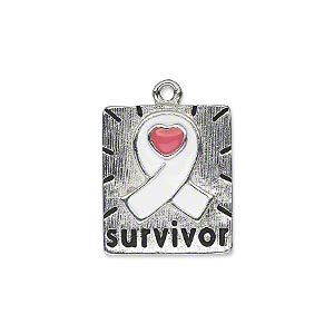 Charm, silver-plated "pewter" (zinc-based alloy) and enamel, white / pink / black, 20x17mm flat rectangle with single-sided awareness ribbon, heart and "SURVIVOR." Sold individually.