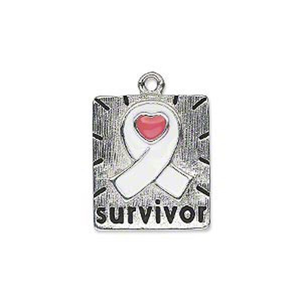 Charm, silver-plated "pewter" (zinc-based alloy) and enamel, white / pink / black, 20x17mm flat rectangle with single-sided awareness ribbon, heart and "SURVIVOR." Sold individually. image number 0