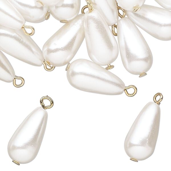 Drop mix, gold-finished silver-finished "pewter" (zinc-based alloy) and acrylic, white, 16x8mm teardrop. Sold per pkg of 100. image number 0