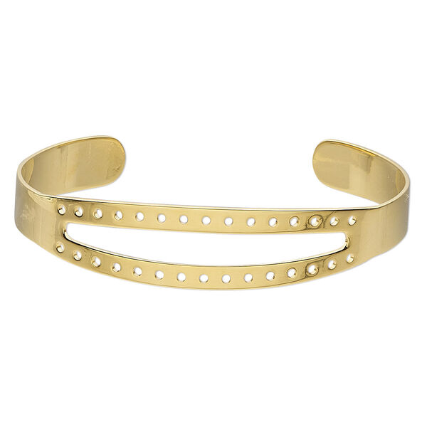 Bracelet component, cuff, gold-plated brass, 1/2 inch wide with 45x6mm open marquise and 30 holes, adjustable from 6-1/2 to 7-1/2 inches. Sold individually. image number 0